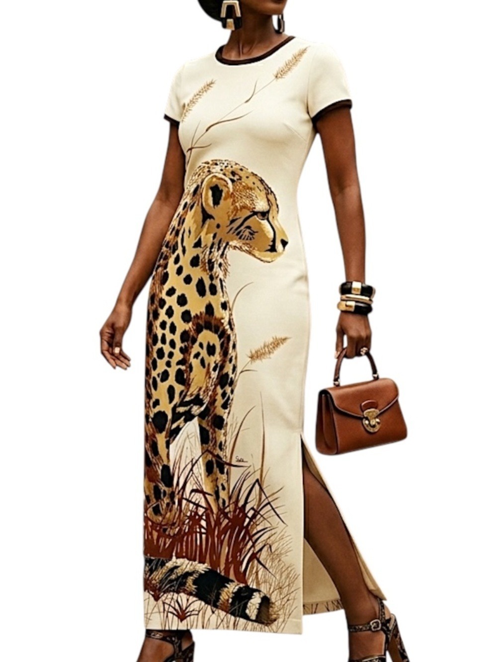 Vtg 70s Alfred Shaheen cream polyester screen print cheetah resort maxi dress 8